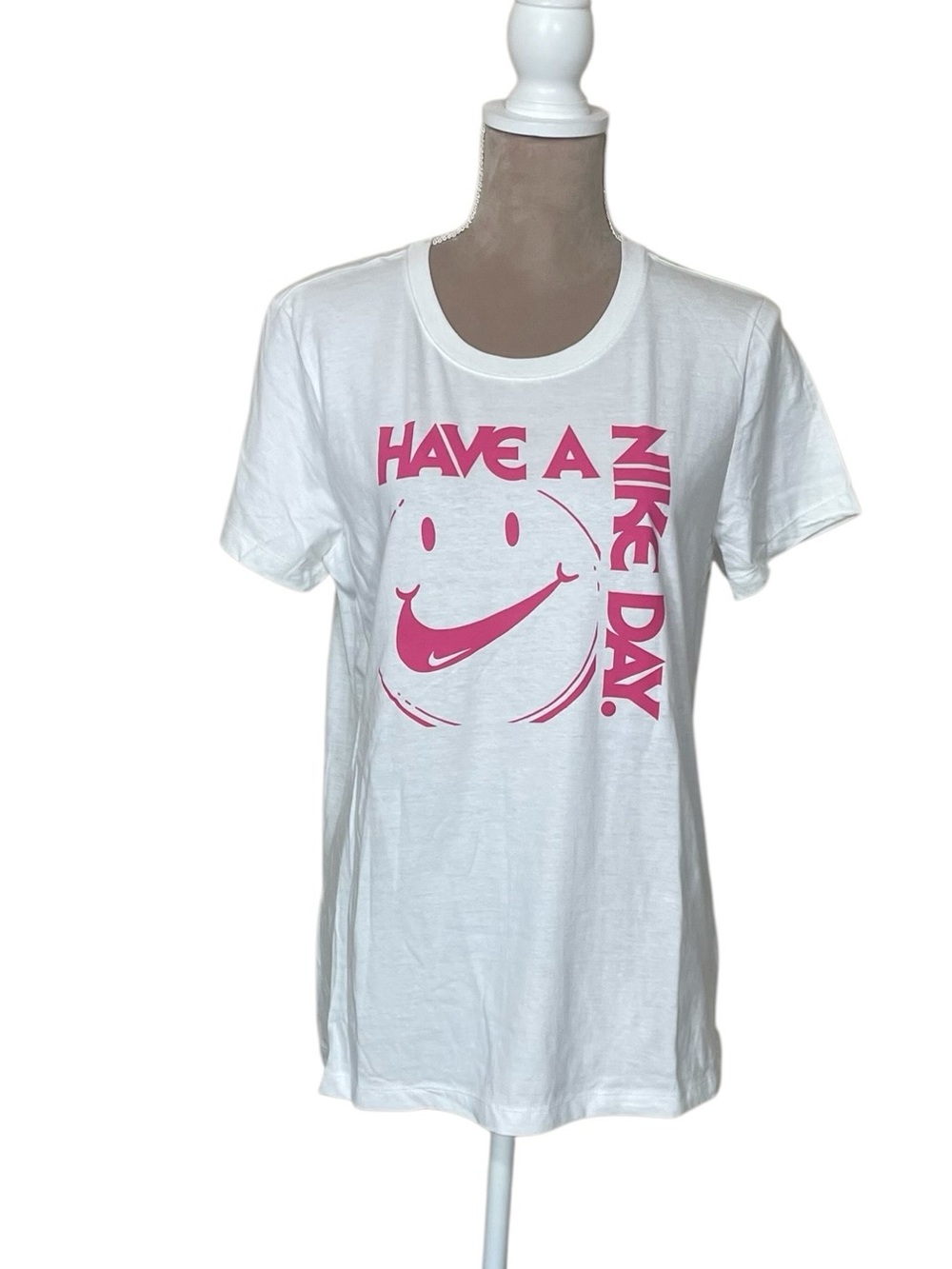 Nike White Tee with Pink 'Have A Nike Day' Smiley Graphic (I) NWT